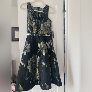 Vince Camuto embellished black dress, metallic floral, new with tags